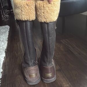 UGG Brown Leather Boots with Cream Shearling